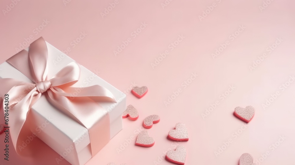 Top view of valentine's day decorations white giftbox with pink silk ribbon bow and small hearts on isolated pastel pink background with copyspace. The concept of holiday surprise for New Year. Top view of valentine's day decorations white giftbox with pink silk ribbon bow and small hearts on isolated pastel pink background with copyspace. The concept of holiday surprise for New Year.