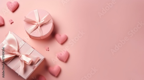Top view of valentine's day decorations white giftbox with pink silk ribbon bow and small hearts on isolated pastel pink background with copyspace. The concept of holiday surprise for New Year. © IC Production