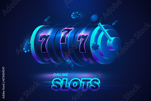 Vector slot machine with flying poker chips around. Isolated on dark blue background. Online Casino slots banner concept. Lucky triple sevens. Gambling illustration. photo