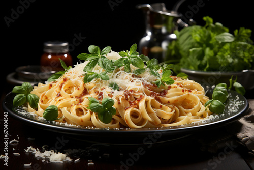 fettuccine alfredo with parmesan cheese isolated on black background made with AI