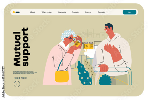 Mutual Support: Helping a visually impaired person -modern flat vector concept illustration of man offering to read label for woman in supermarket A metaphor of voluntary, collaborative exchanges