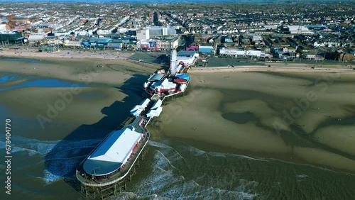 Aerial and cinematic video of the pier and beach in Blackpool