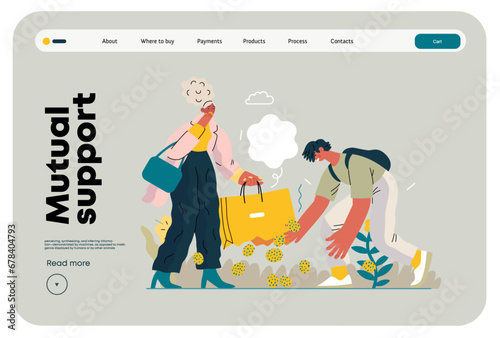 Mutual Support: Pick up fallen item -modern flat vector concept illustration of man collecting fruits that fell from woman's bag A metaphor of voluntary, collaborative exchanges of resource, services