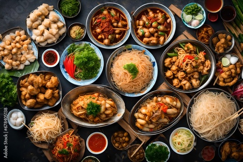 Top view of a Thai street food ,The market in Thailand is full of food. And will sell on the street,street food thailand