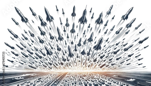 Launch and flight of many military missiles on a white background. Imitation of a pencil drawing. War and weapons concept. Military technologies. The tragedy of humanity and the world