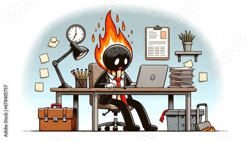 Burnout at work, concept. A cartoon image of a character in a business suit and with his head on fire, at an office desk, in front of an open laptop. Tense work atmosphere