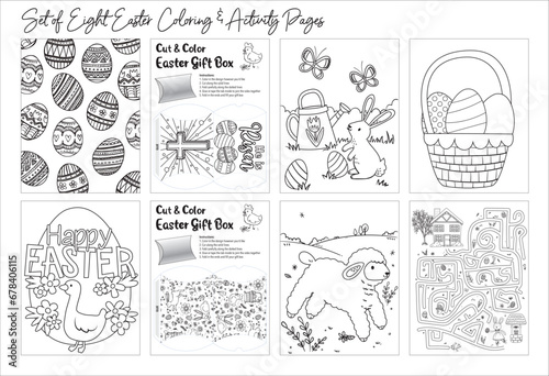 A collection of 8 original Easter and Springtime themed coloring pages. A set of 8 vector activity and coloring sheets. Perfect to print out for children.