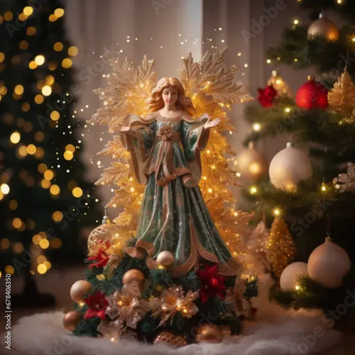 Dekoracja świąteczna - aniołek - stojący w pokoju w domu obok ustrojonej choinki