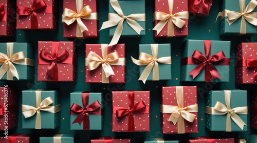 Top view of colorful gift boxes with bows and ribbons on green background.