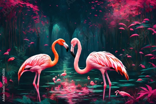 AI generated illustration of a flamingo standing in water in the forest-
