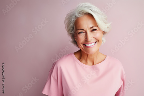 mid aged gray haired woman portrait against pink background with copy space