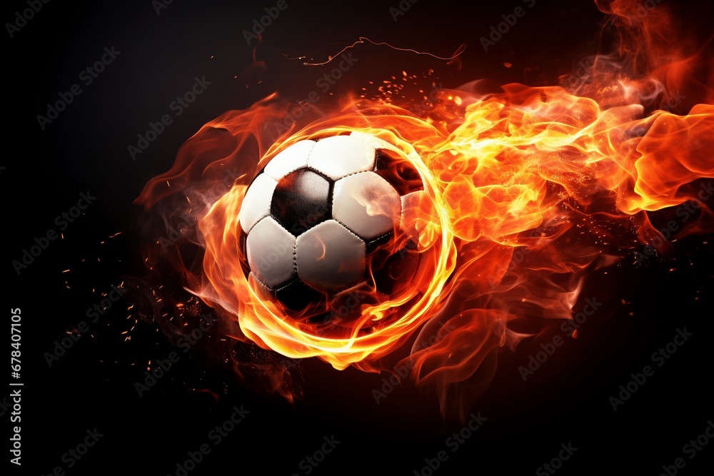 Naklejka premium Kick of Flames: Witness the Explosive Dissolving of a Soccer Ball, Flames Enveloping in Cinematic Light, Creating a Dynamic Background Wallpaper of Athletic Power and Passion