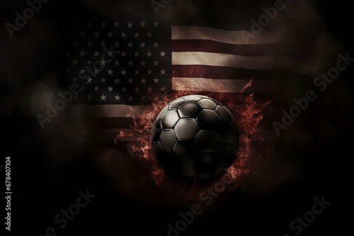 Patriotic Soccer Blaze: A Cinematic Background Wallpaper featuring an Exploding Soccer Ball, Flames Engulfing the USA Flag, Capturing the Dynamic Energy and Pride of Athletic Triumph photo