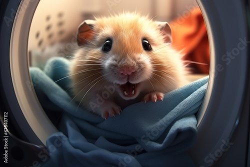 Cute hamster in the washing machine, close-up view