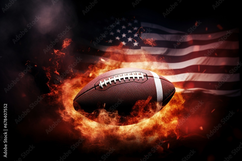 Flaming Glory: Witness the Explosive Dissolving of an American Football, Flames Surrounding the USA Flag, in a Cinematic Light Background Wallpaper of Athletic Power and Patriotism Flaming Glory: Witness the Explosive Dissolving of an American Football, Flames Surrounding the USA Flag, in a Cinematic Light Background Wallpaper of Athletic Power and Patriotism