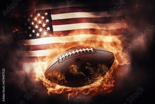 Flaming Glory: Witness the Explosive Dissolving of an American Football, Flames Surrounding the USA Flag, in a Cinematic Light Background Wallpaper of Athletic Power and Patriotism photo