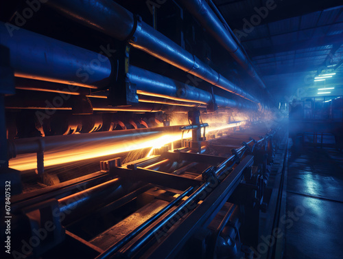 A dimly lit industrial setting within a steel or pipe manufacturing facility, featuring an extended conveyor system and a heated red pipe moving along the conveyor