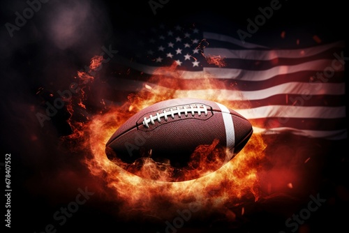 Flaming Glory: Witness the Explosive Dissolving of an American Football, Flames Surrounding the USA Flag, in a Cinematic Light Background Wallpaper of Athletic Power and Patriotism