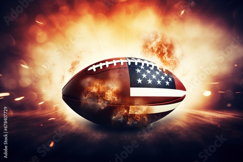 Cinematic Victory: Experience the Dynamic Explosion of American Football, Flames Dancing Around the USA Flag, Illuminated in a Cinematic Light Background, a Symbol of Fiery Passion and National Pride