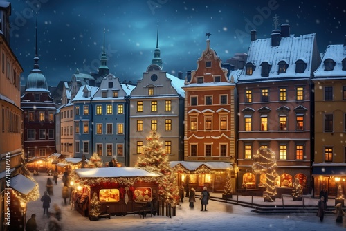 Stockholm, Sweden. Abstract image quality scenic Christmas Market in Gamla Stan, fairy winter night.