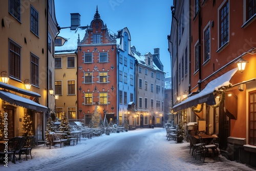 Stockholm, Sweden. Abstract image quality scenic Christmas Market in Gamla Stan, fairy winter night.