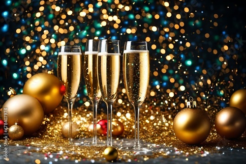 Champagne Glass Adorned with Christmas Baubles, Starry Holiday Background, Glitter, and Twinkling Lights. Golden Christmas Celebration with Sparkling Balloons, Glitter, and Confetti. Happy New Year202