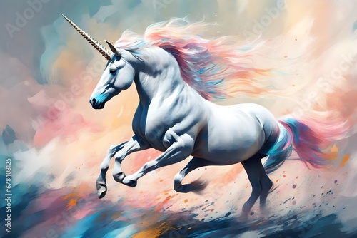 painting style illustration, dream unicorn portrait in running gallop motion, Generative A photo