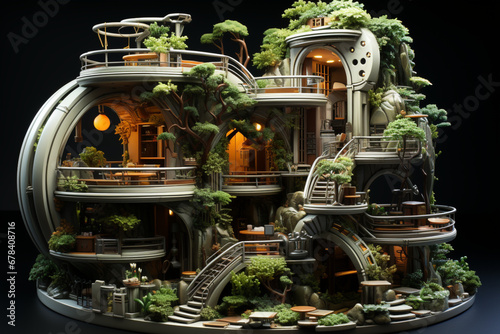 Miniature architectural house with rooms and corridors with house plants lush overgrowth made with AI