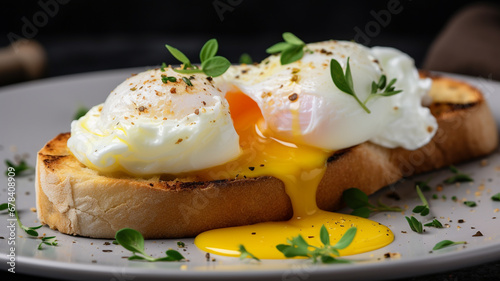fried eggs with toasts and herbs