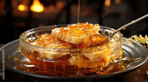 A dish of food with a spoon pouring honey