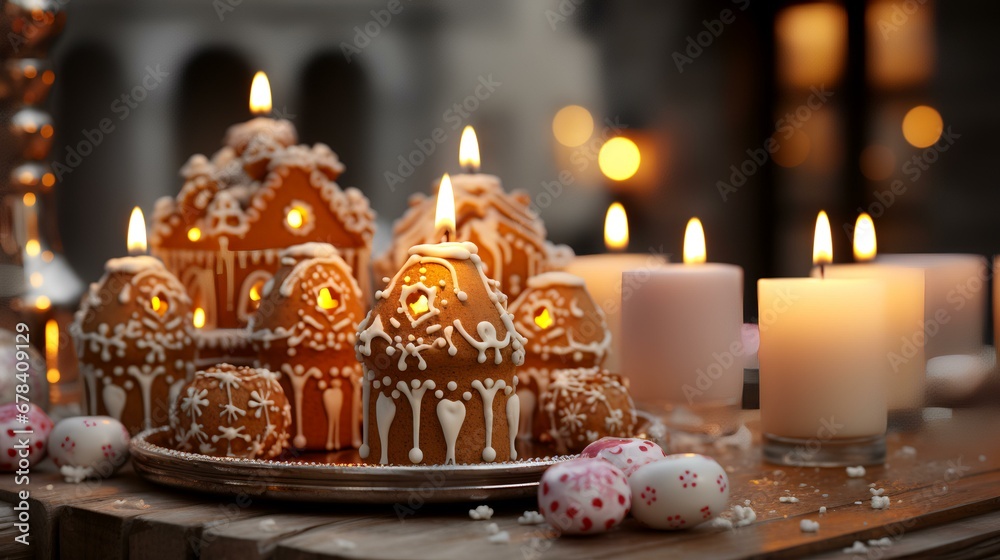 A ginger bread house with candles around on it