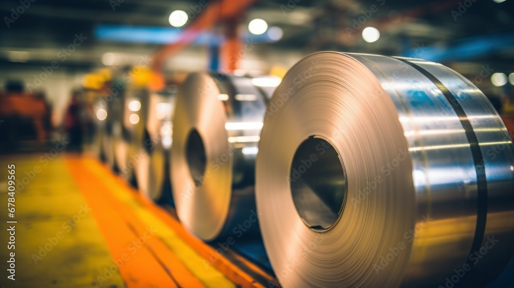 Rolls of metal lined up in a large factory warehouse - obrazy, fototapety, plakaty 