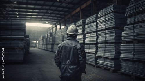 A worker looks at metal sheets stacked on top of each other in a warehouse