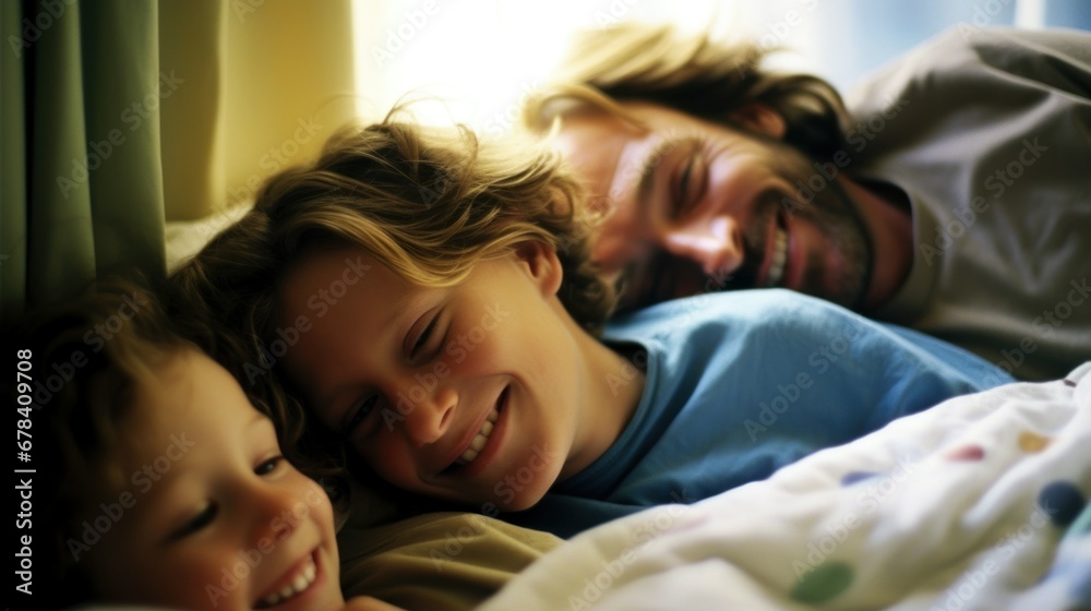 A father and his two kids peacefully resting in bed, creating a heartwarming scene of love and togetherness. A father and his two kids peacefully resting in bed, creating a heartwarming scene of love and togetherness.