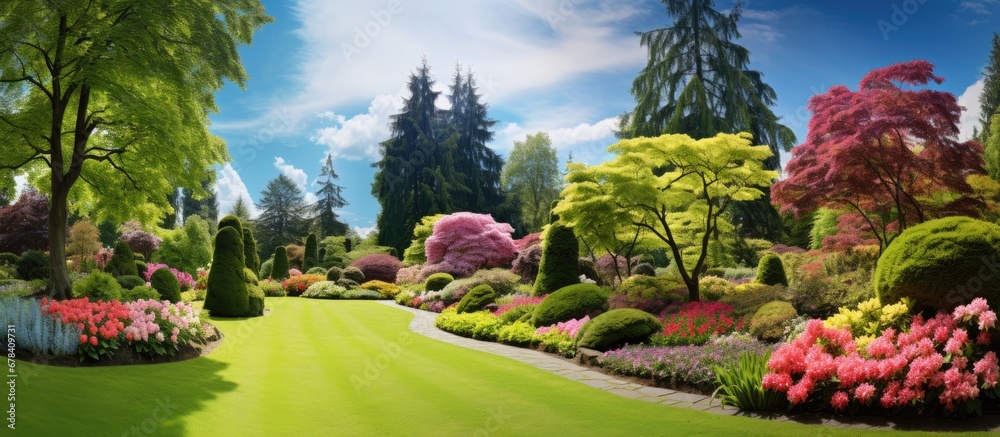 The summer sky is filled with a vibrant backdrop as lush green trees swaying grass and blooming flowers create a picturesque landscape garden complemented by the gentle light and spacious e