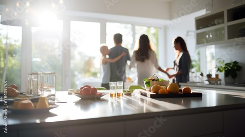 A family preparing breakfast in absolute, a photo focused on the table