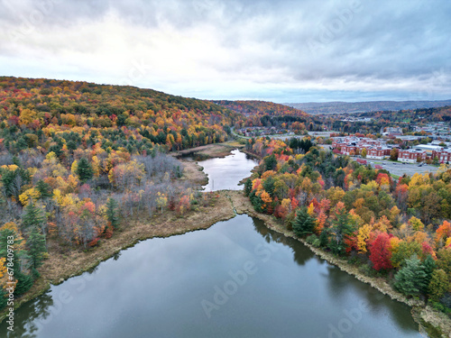 Fototapeta Naklejka Na Ścianę i Meble -  marsh with lake (aerial view in autumn with fall foliage) binghamton university nature preserve hiking trail with bridge in wetland, swamp (colorful leaves, hills) from above, nature walk