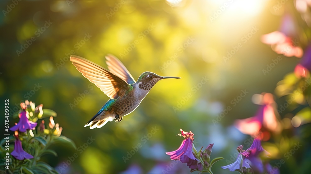Obraz premium In a Green Oasis Bathed in Morning Sunlight, a Hummingbird Quenches its Thirst, Wings Radiant