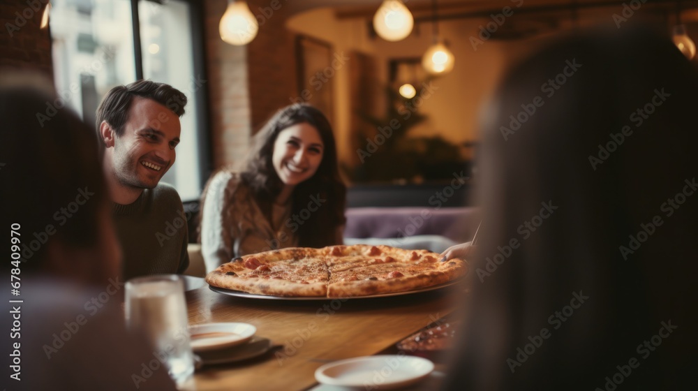 A group of friends eating pizza together A group of friends eating pizza together