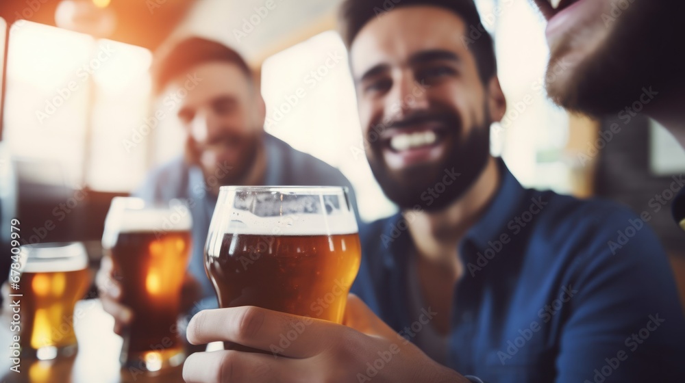 A group of beer-drinking friends having fun together in a bar A group of beer-drinking friends having fun together in a bar