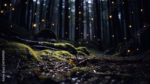 Dark Forest Scene  Luciferin-Infused Fire Bugs Sparkle  Imitating Stars