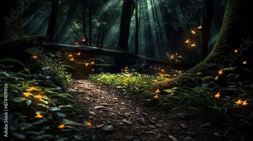 In the Enigmatic Forest, Fire Bugs Illuminate with Luciferin, Star-Like photo