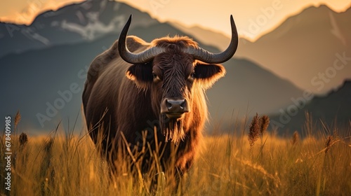 Mountain Buffalo Standing in Green Tall Grass Against the Background of Mountains and Sunset © JVLMediaUHD