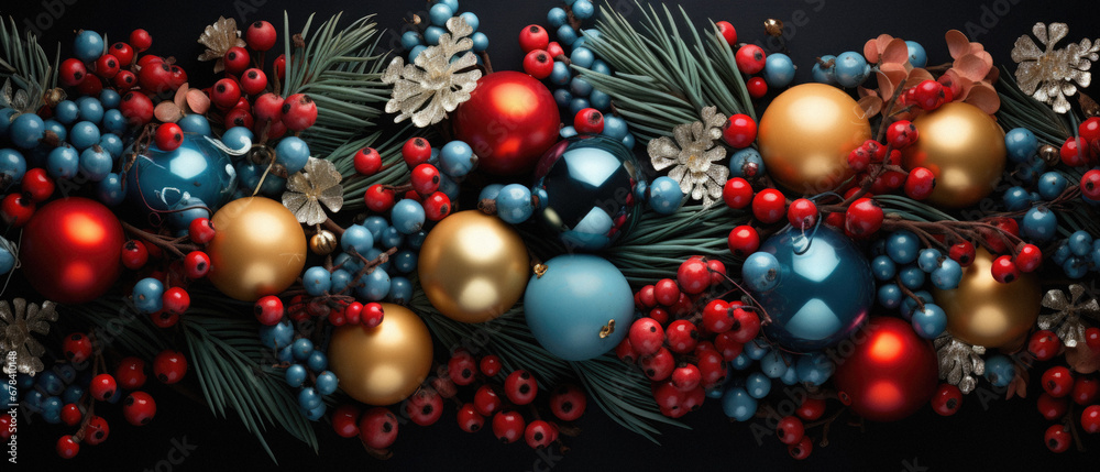 Christmas and New Year background with red and blue baubles, fir branches, pine cones and berries. Christmas and New Year background with red and blue baubles, fir branches, pine cones and berries.