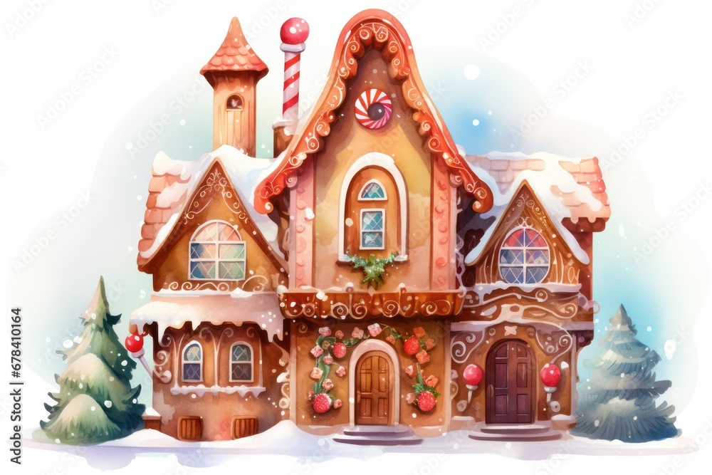Christmas gingerbread house in the snow on a white background. Christmas gingerbread house in the snow on a white background.