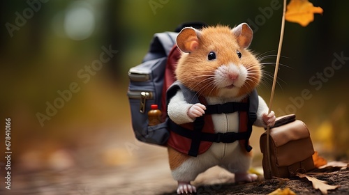 A hamster engaged in research, sporting a backpack and holding a magnifying glass photo