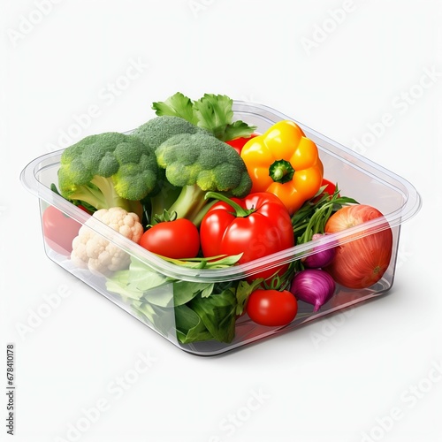 Plastic Container with Fresh Raw Vegetables, Isolated on White Background. Generative ai