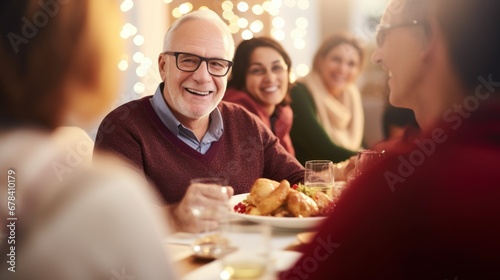 Family members sitting at a table gathered together for Christmas photo
