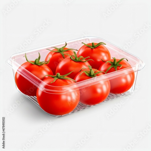 Plastic Container with Fresh Tomatoes Isolated on White Background. Generative ai © Scrudje