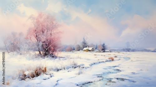 Winter landscape with old wooden house in the snow.